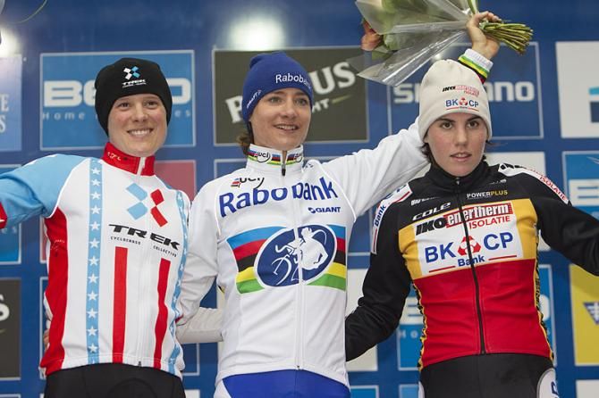 Elite women's Zolder World Cup podium: Katherine Compton, Marianne Vos, Sanne Cant