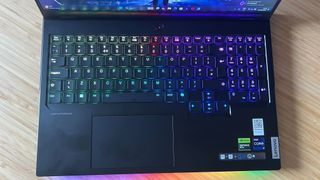 Top down shot of Lenovo Legion Pro 7i Gen 9 keyboard with RGB lighting on