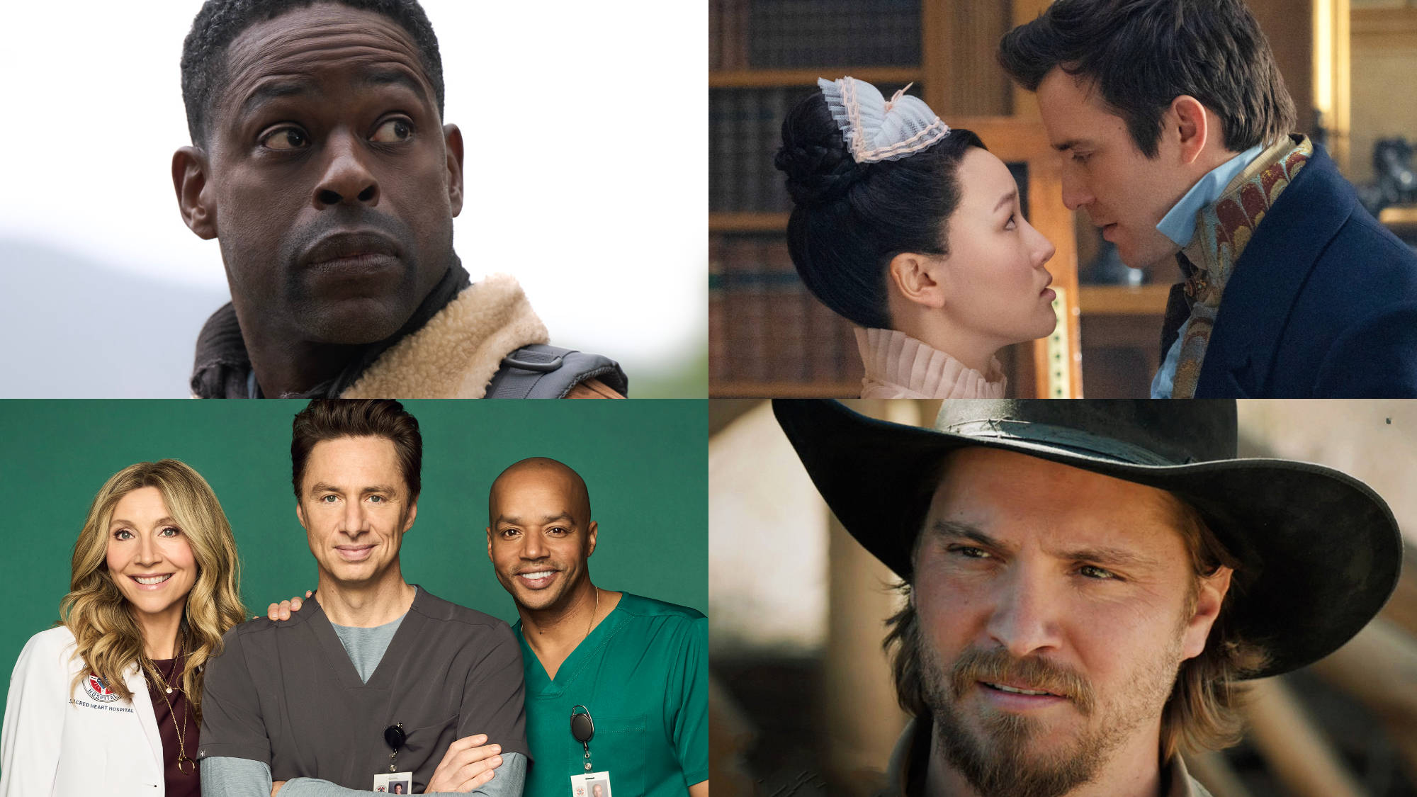 (clockwise from top left) Paradise; Bridgerton; Marshals; Scrubs