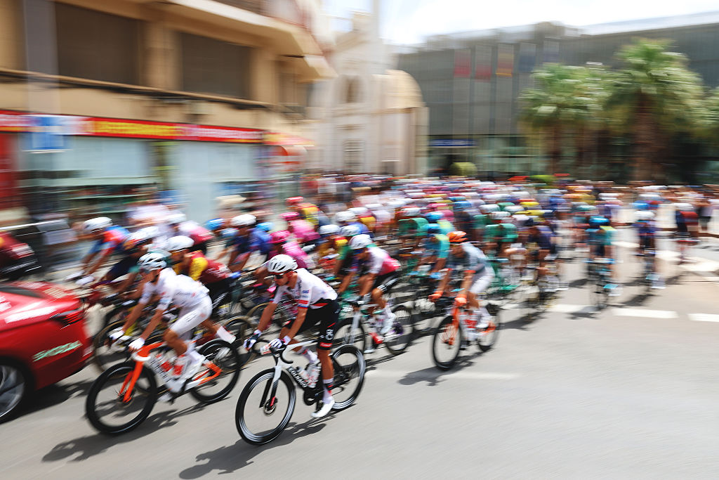 CARTAGENA, SPAIN - SEPTEMBER 02: A general view of the peloton competing prior to the La Vuelta - 81st Tour of Spain 2026, Stage 11 a 153.8km stage from Cartagena to Lorca 342m / #UCIWT / on September 02, 2026 in Cartagena, Spain. (Photo by Alexander Hassenstein/Getty Images)
