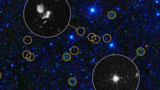 This zoomed-in view of a portion of the all-sky survey from NASA Wide-field Infrared Survey Explorer shows a collection of quasar candidates shown in yellow circles.