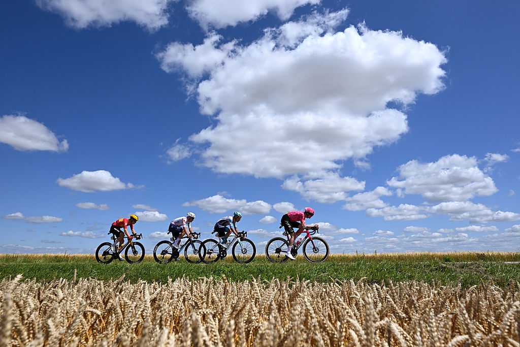 ROUEN, FRANCE - JULY 08: A general view of Lenny Martinez of France and Team Bahrain - Victorious, Kasper Asgreen of Denmark and Team EF Education - EasyPost, Jonas Abrahamsen of Norway and Team Uno-X Mobility and Thomas Gachignard of France and Team TotalEnergies compete in the breakaway during the 112th Tour de France, Stage 4 a 174.2km stage from Amiens Metropole to Rouen / #UCIWT / on July 08, 2025 in Rouen, France. (Photo by Tim de Waele/Getty Images)
