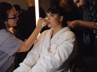 Devery Jacobs in her makeup chair ahead of the 2024 emmys