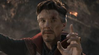 Doctor Strange holding his finger up during the final battle with Thanos in Avengers: Endgame.