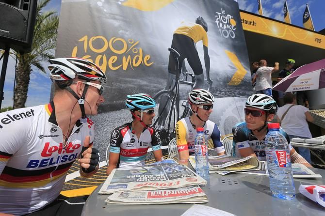 Andre Greipel, Marcel Sieberg (Lotto Belisol), Andreas Kloden (RadioShack - Leopard) and Tony Martin (Omega Pharma - QuickStep)