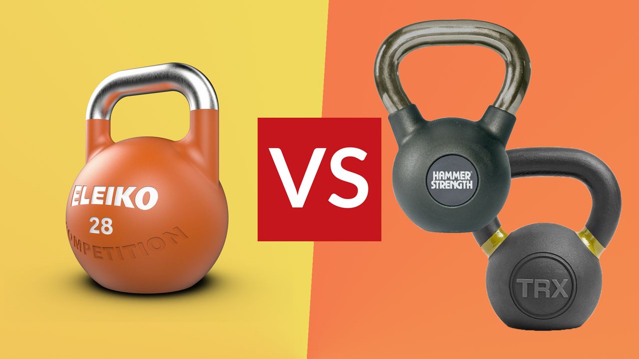 Competition vs training kettlebell: Pictured here, three kettelebells on yellow and orange background