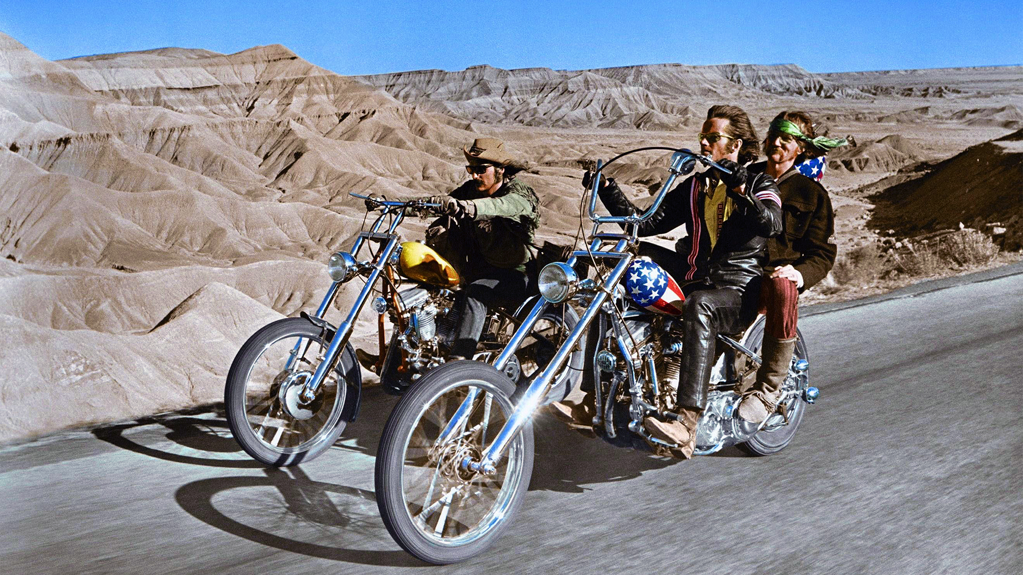 American actor Peter Fonda with actor, director and screenwriter Dennis Hopper on the set of his movie Easy Rider.