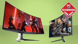 Best gaming monitors, Alienware and Pixio, on a green background with the PC Gamer Recommends badge in the top right of the image