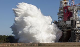 This billowing plume is coming from the core stage for NASA's Space Launch System rocket during a second hot fire test yesterday (March 18). The test, which took place on the B-2 Test Stand at NASA's Stennis Space Center near Bay St. Louis, Mississippi, lasted for almost 500 seconds (or over 8 minutes), far surpassing the 4-minute goal that the team set for the test. Hot fire tests ignite a rocket's engine, making sure it works as intended, without the rocket actually taking off anywhere.