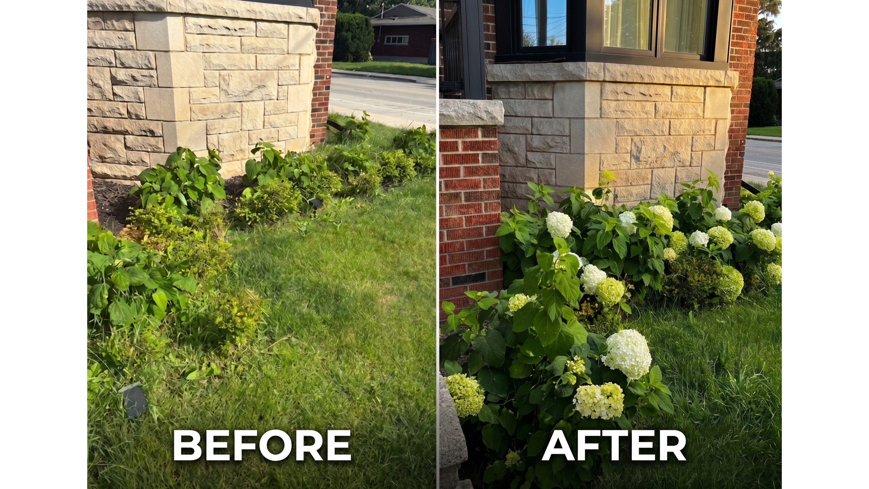 A before and after photo comparison of a garden