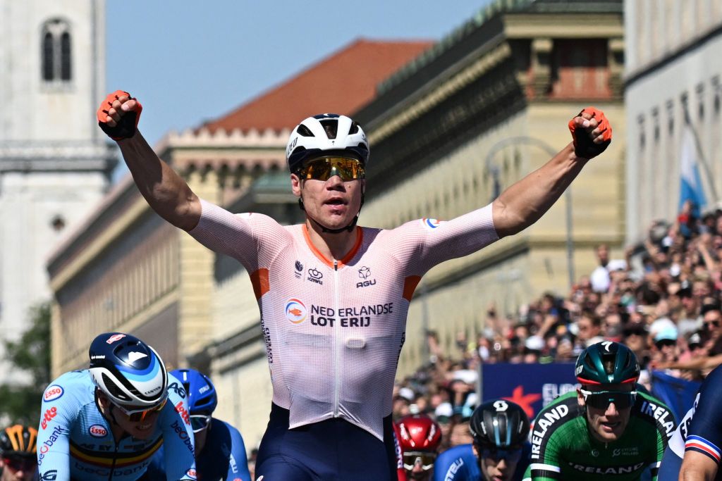 Netherlands Fabio Jakobsen celebrates winning the mens road race cycling event of the European Championships Munich 2022 in Munich southern Germany on August 14 2022 Photo by INA FASSBENDER AFP Photo by INA FASSBENDERAFP via Getty Images