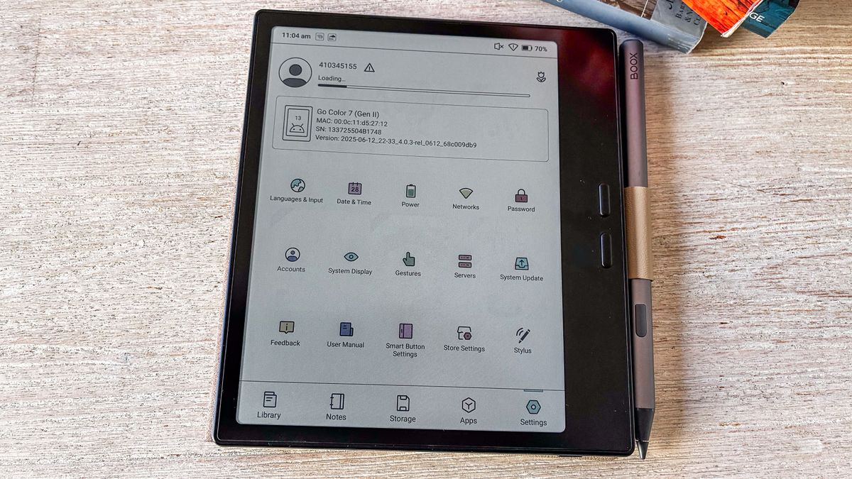 The settings menu on the Boox Go Color 7 Gen II ereader