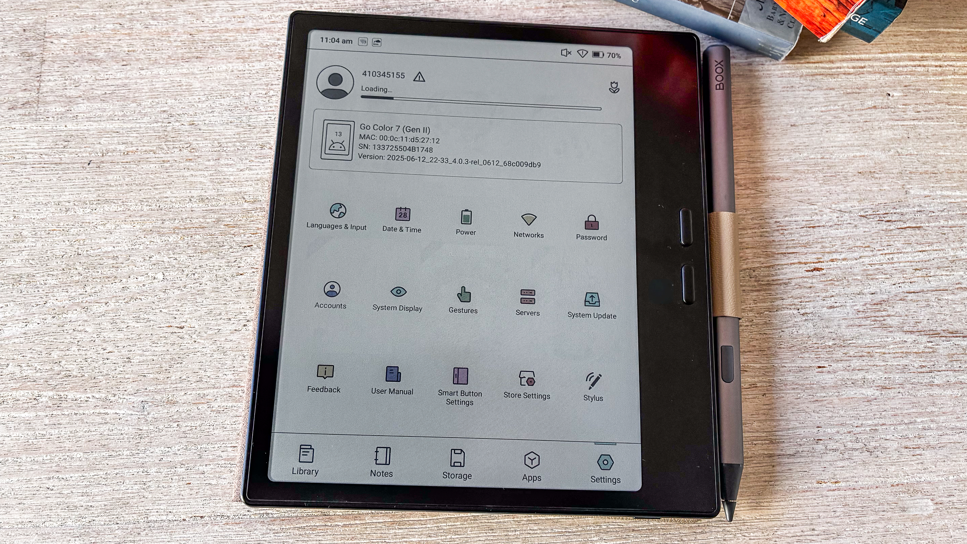 The settings menu on the Boox Go Color 7 Gen II ereader