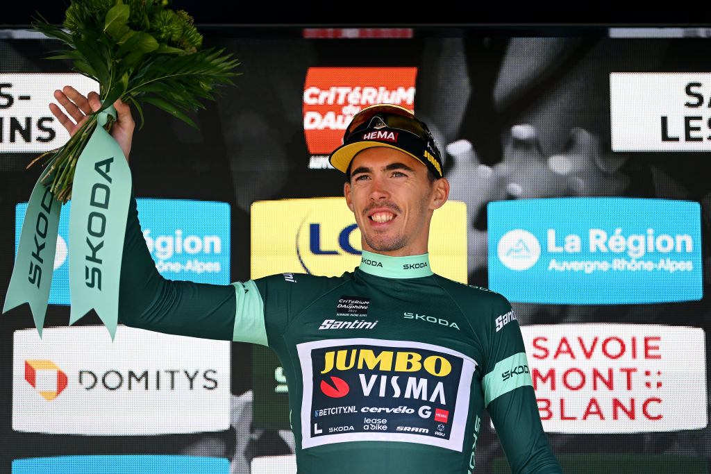 SALINSLESBAINS JUNE 08 Christophe Laporte of France and Team JumboVisma celebrates at podium as Green points jersey winner during the 75th Criterium du Dauphine 2023 Stage 5 a 1911km stage from CormoranchesurSane to SalinslesBains UCIWT on June 08 2023 in SalinslesBains France Photo by Dario BelingheriGetty Images