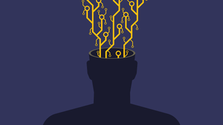 An image of a faceless human silhouette (chest up) with exposed microchip contacts and circuitry erupting from its open head. This visual metaphor explores transhumanism, AI integration, or the erosion of organic thought in the digital age.