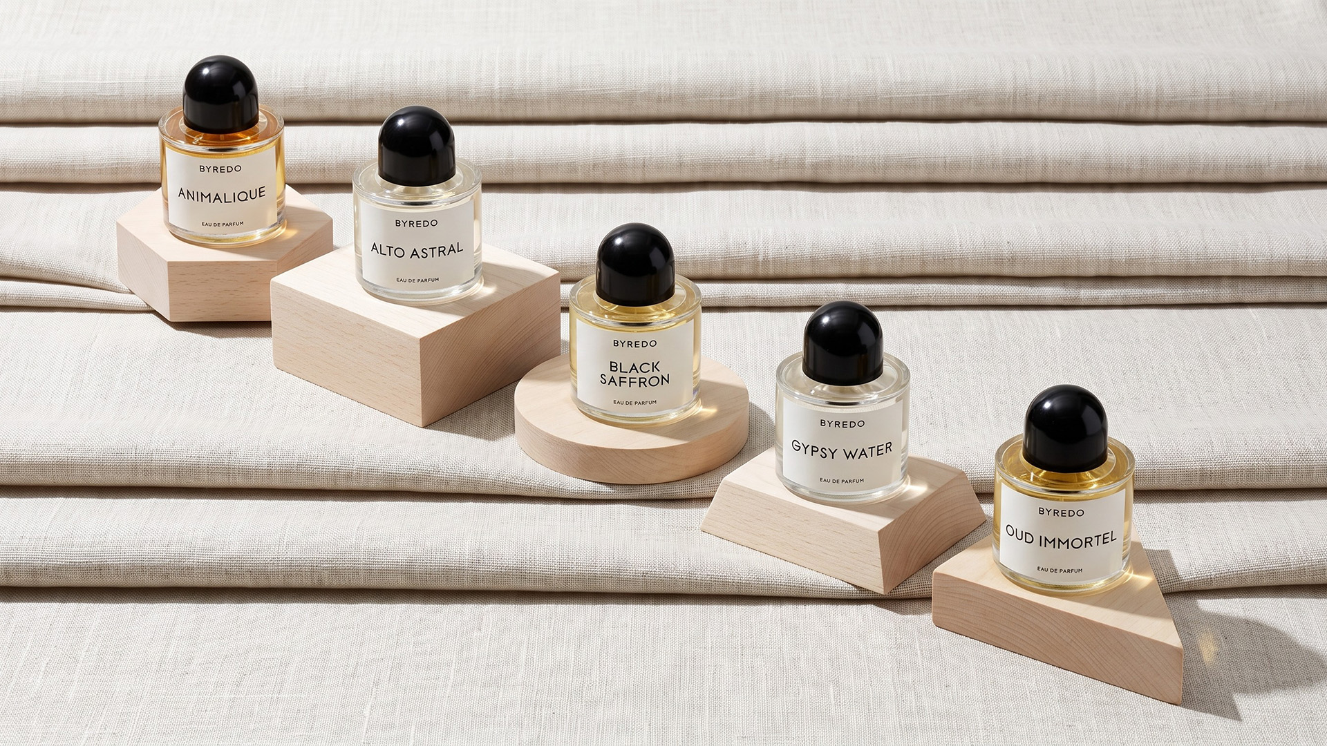 A selection of Byredo perfume bottles.