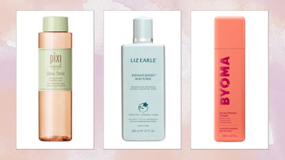 Collage of the best toners from (L-R) Pixi, Liz Earle and Byoma, on a pink watercolour background