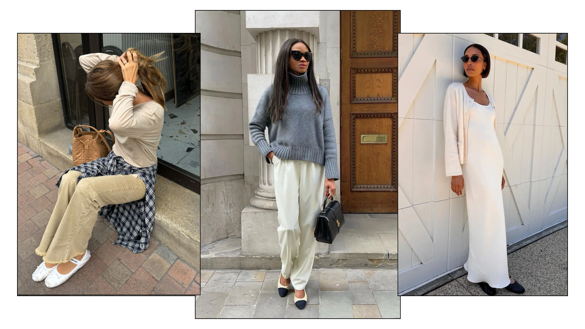 A collage of ballet flat outfits, including jeans, wide-leg trousers and maxi dresses.