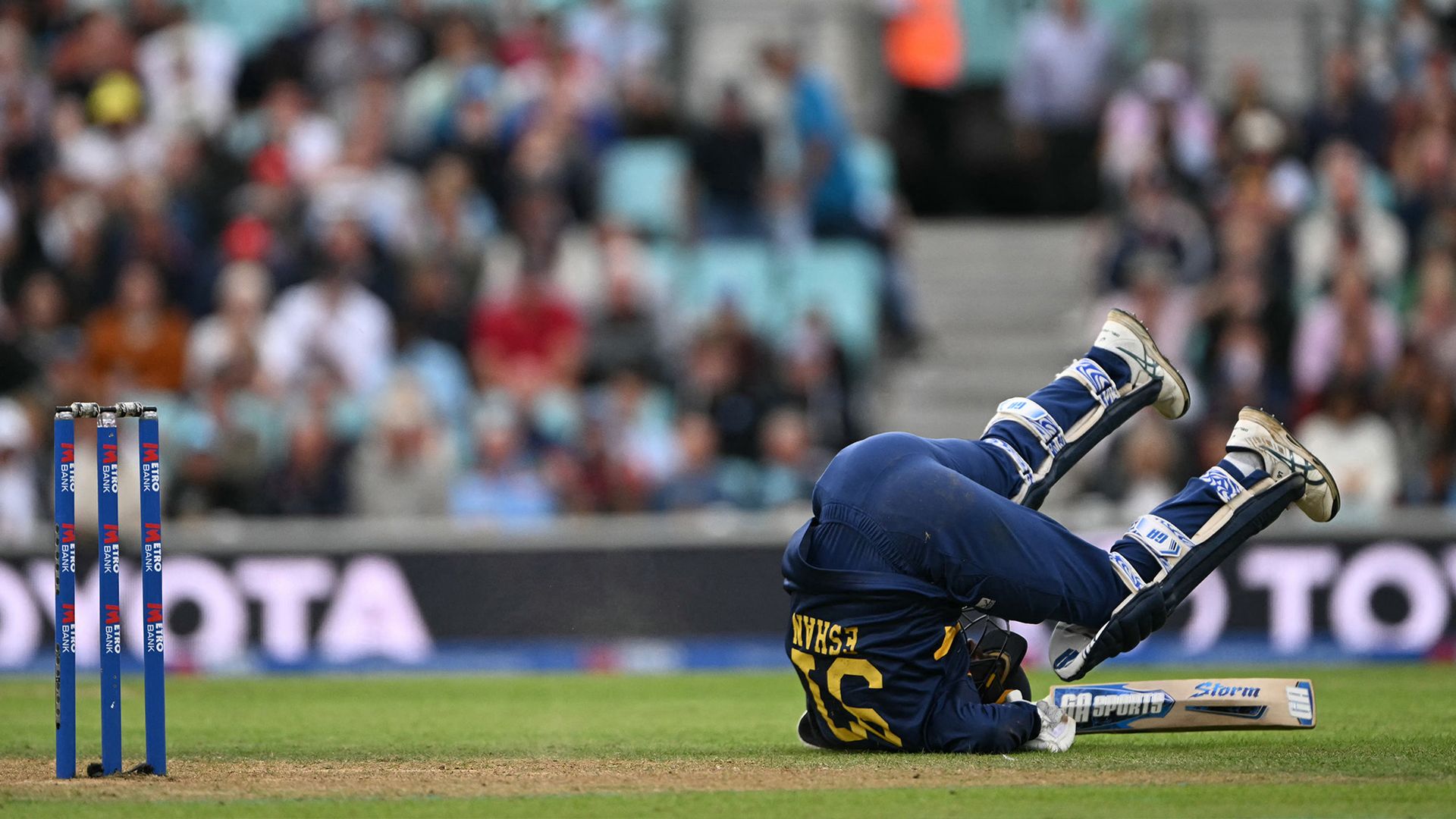 
                                Sri Lanka's Eshan Malinga avoids a short ball from England's Jamie Overton during a cricket match at The Oval in London, United Kingdom
                            