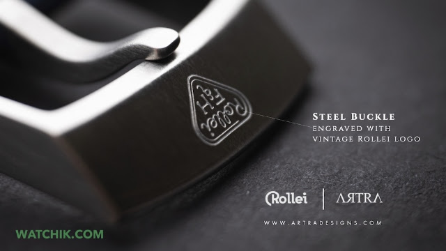 A close-up view of the steel watch buckle, featuring an engraved vintage Rollei logo.