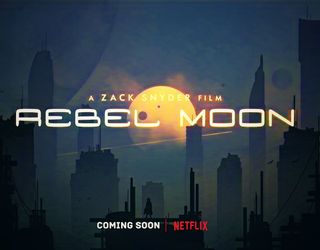 the words "Rebel Moon" appear over a futuristic cityscape with several moons visible in the sky