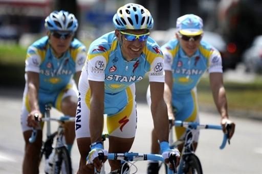 The Astana team rides in the morning ahead of the team presentations