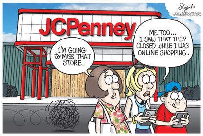 Political cartoon U.S. JC Penney store closing Amazon online shopping