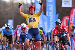 BESSEGES FRANCE FEBRUARY 02 LR Mads Pedersen of Denmark and Team Lidl Trek Yellow Points Jersey celebrates at finish line as stage winner ahead of Milan Menten of Belgium and Team Lotto Dstny and Rasmus Tiller of Norway and Team UnoX Mobility during the 54th Etoile de Besseges Tour du Gard Stage 3 a 16111km stage from Besseges to Besseges on February 02 2024 in Besseges France Photo by Luc ClaessenGetty Images