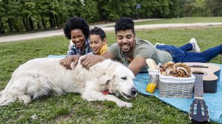 A family enjoys a picnic with their dog