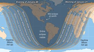 This Sky & Telescope map shows the visibility region for the total lunar eclipse of Jan. 20-21, 2019.