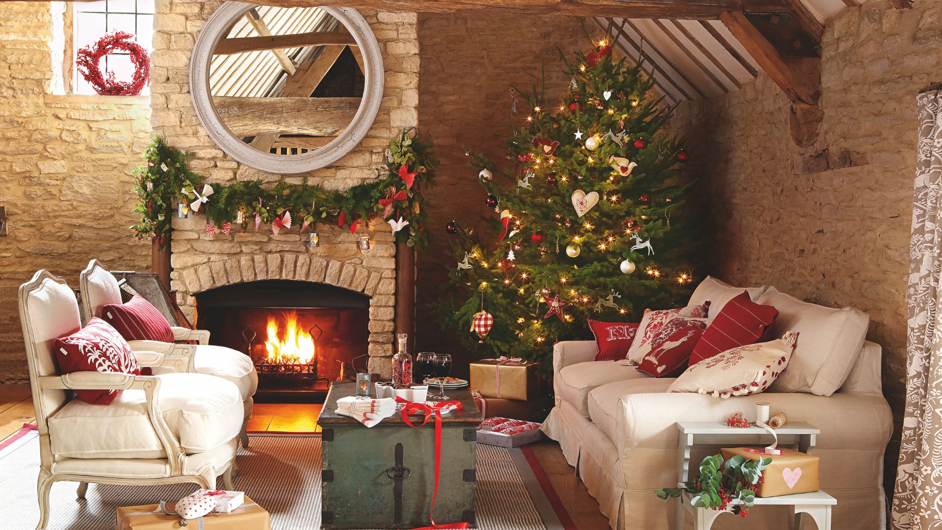 picture of christmas decorations in barn style home