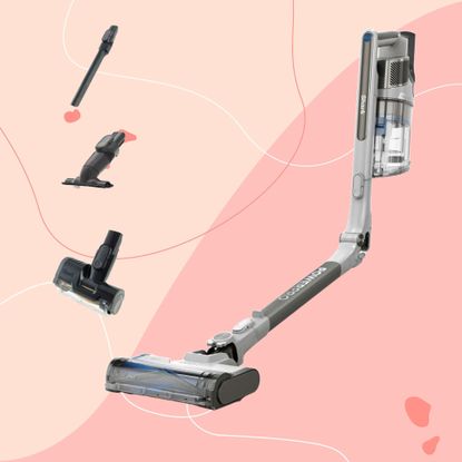 Shark PowerPro Pet Cordless Stick Vacuum on a pink background