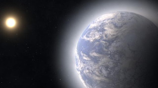 A super-Earth in the foreground with a hazy white glow around it. In the background, a star.
