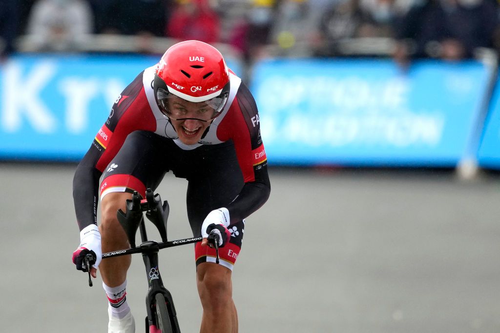 LAVAL ESPACE MAYENNE FRANCE JUNE 30 Mikkel Bjerg of Denmark and UAETeam Emirates at arrival during the 108th Tour de France 2021 Stage 5 a 272km Individual Time Trial stage from Chang to Laval Espace Mayenne 90m ITT LeTour TDF2021 on June 30 2021 in Laval Espace Mayenne France Photo by Christophe Ena PoolGetty Images