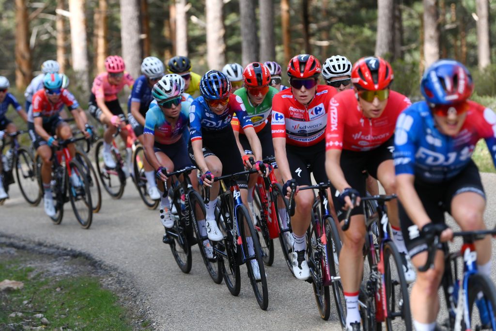 VINUESA SPAIN MAY 03 LR Ricarda Bauernfeind of Germany and Team CanyonSRAM Racing Evita Muzic of France and Team FDJ SUEZ Elisa Longo Borghini of Italy and Team Lidl Trek Demi Vollering of The Netherlands and Team SD Worx Protime compete in the breakaway during the 10th La Vuelta Femenina 2024 Stage 6 a 1321km stage from Tarazona to La Laguna Negra Vineuesa 1722m UCIWT on May 03 2024 in Vineuesa Spain Photo by Alex BroadwayGetty Images