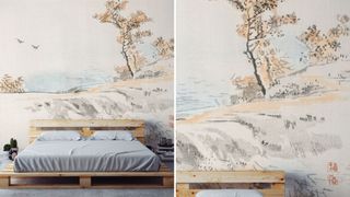 Japandi bedroom decor with landscape wall mural on wall behind bed