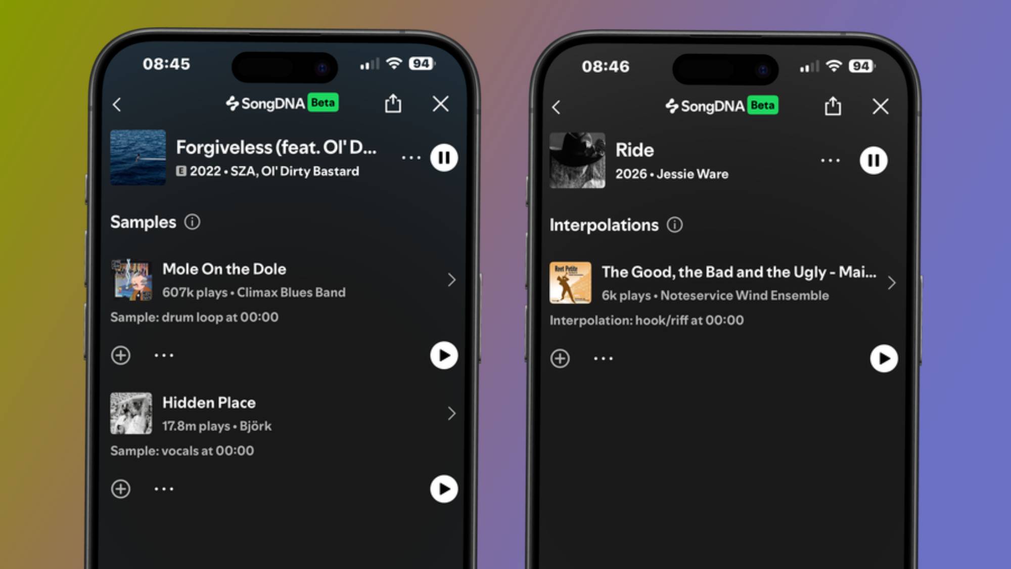 Two iPhones showing samples and interpolations in Spotify SongDNA