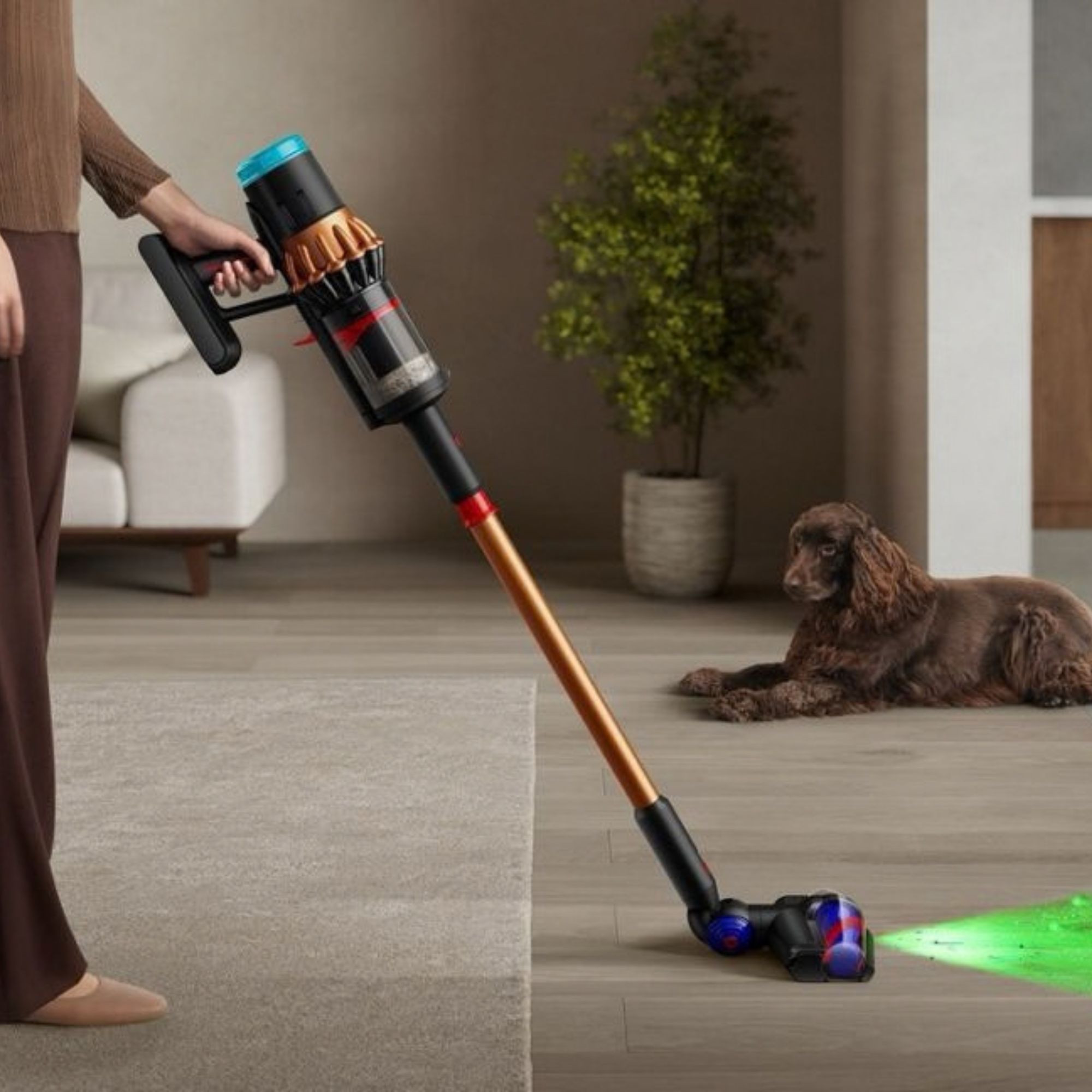 Dyson V16 piston animal cleaning hard flooring next to a brown dog