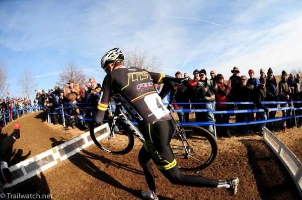 Ryan Trebon (LTS Felt) leading the race over the barriers
