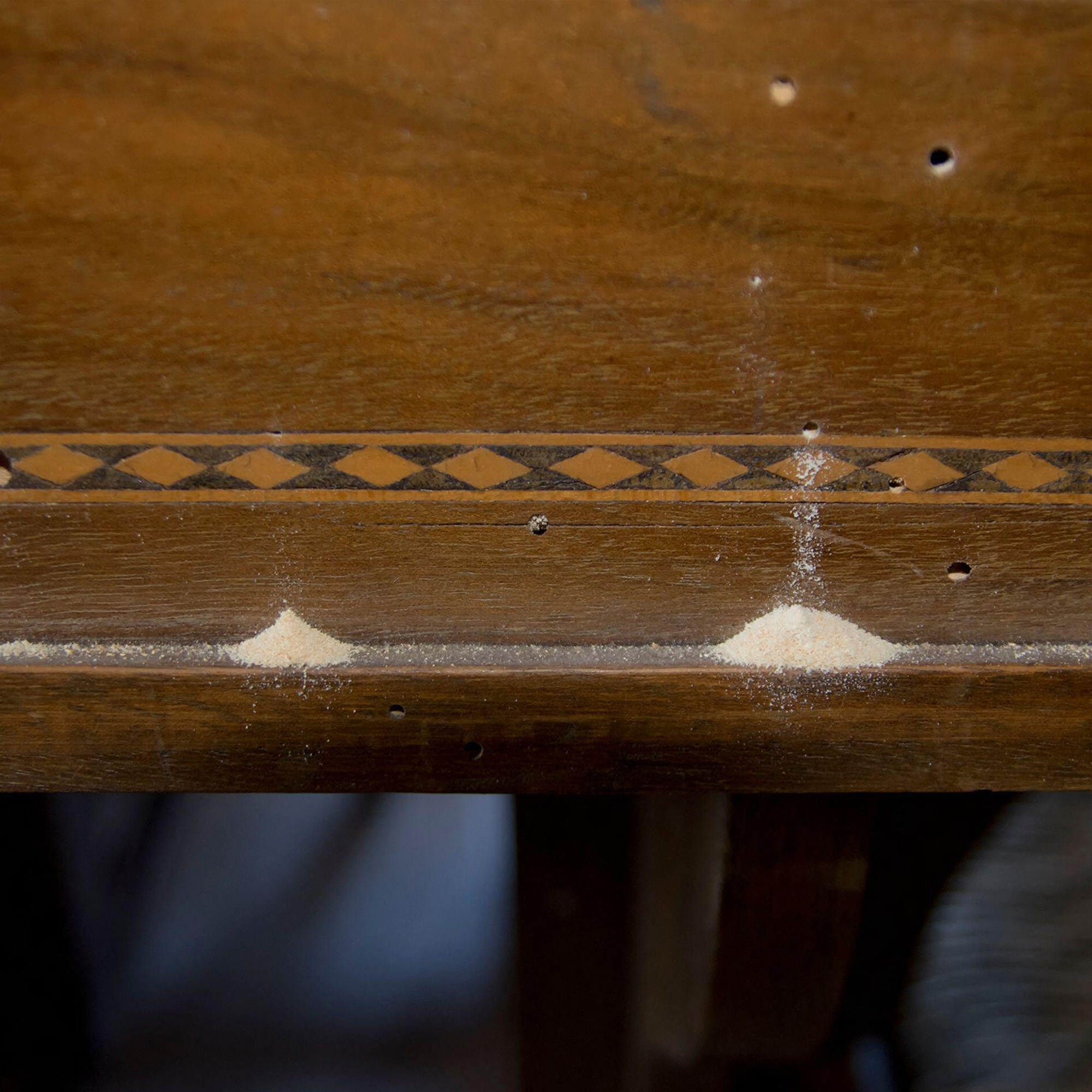 old table with woodworm infestation include bore dust