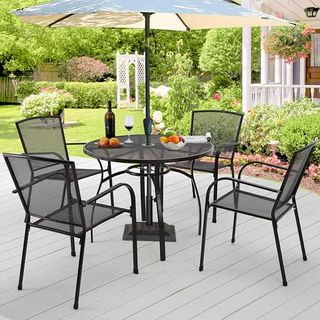 Yodolla 5-Piece Patio Metal Dining Set, Outdoor Metal Dining Table Set With Round Table 1.73” Umbrella Hole and 4 Stackable Arm Chairs, Patio Dining Bistro Set for Garden,bistro,deck,dark Gray