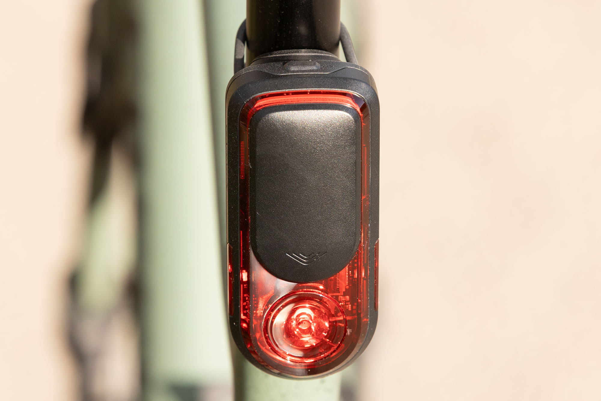 Garmin Varia RearVue 820, pictured from the rear, mounted on a seat post.