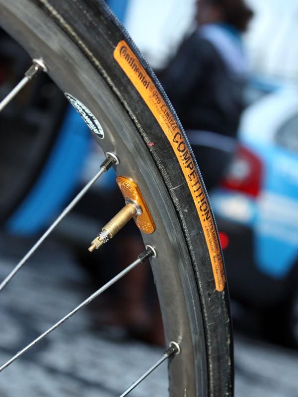 Yet again, we see Ambrosio's Nemesis rims and Continental Competition Pro Limited ProTection tubulars, here on the bikes of Milram.