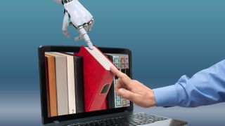 An artist's illustration showing a robot and human hand touching a book emerging from an open laptop.