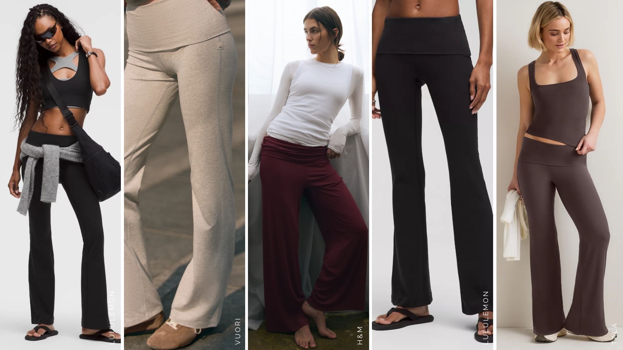 composite of the best fold over yoga pants from lululemon, Vuori, H&amp;M, TALA