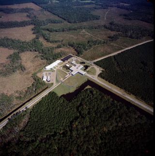 A view from the air of the Livingston, Louisiana, LIGO detector.