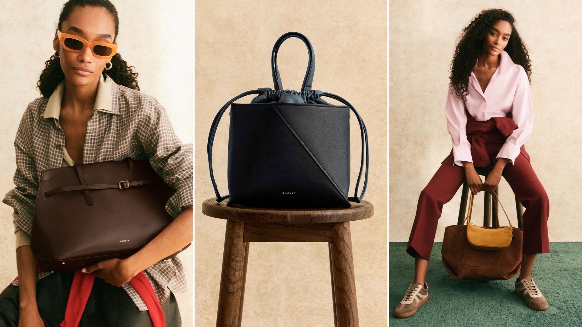 Three editorial images of Radley handbags 