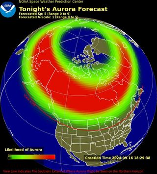 An aurora forecast showing high likelihood of auroras across Canada, the northernmost U.S., Alaska, Iceland, and Greenland