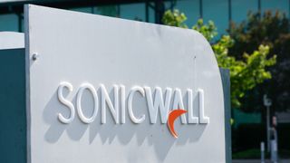 SonicWall sign and logo at computer and network security company headquarters in Milpitas, California