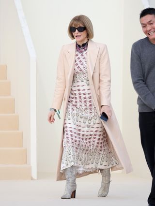 Anna Wintour wears snake-print boots in Paris.